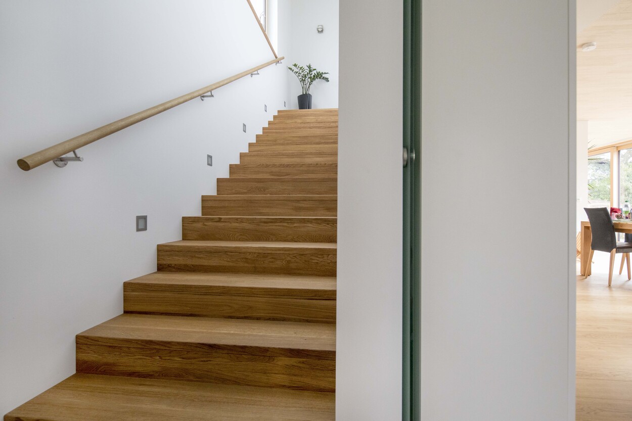 Ein modernes Treppenhaus in München mit Holzstufen führt zu einem Pflanzenarrangement in einem Passivhaus.