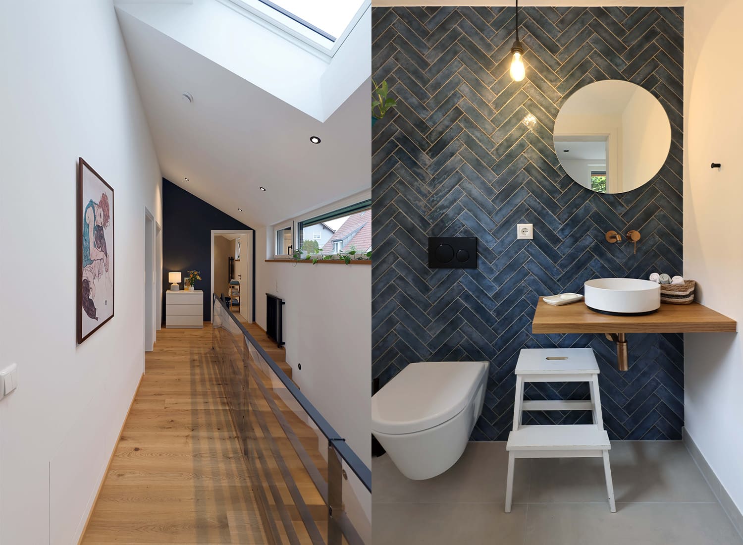 Ein eleganter Flur mit Holzfußboden führt zu einem modernen Badezimmer mit blauen Fliesen im Holzständerbauweise-Stil.